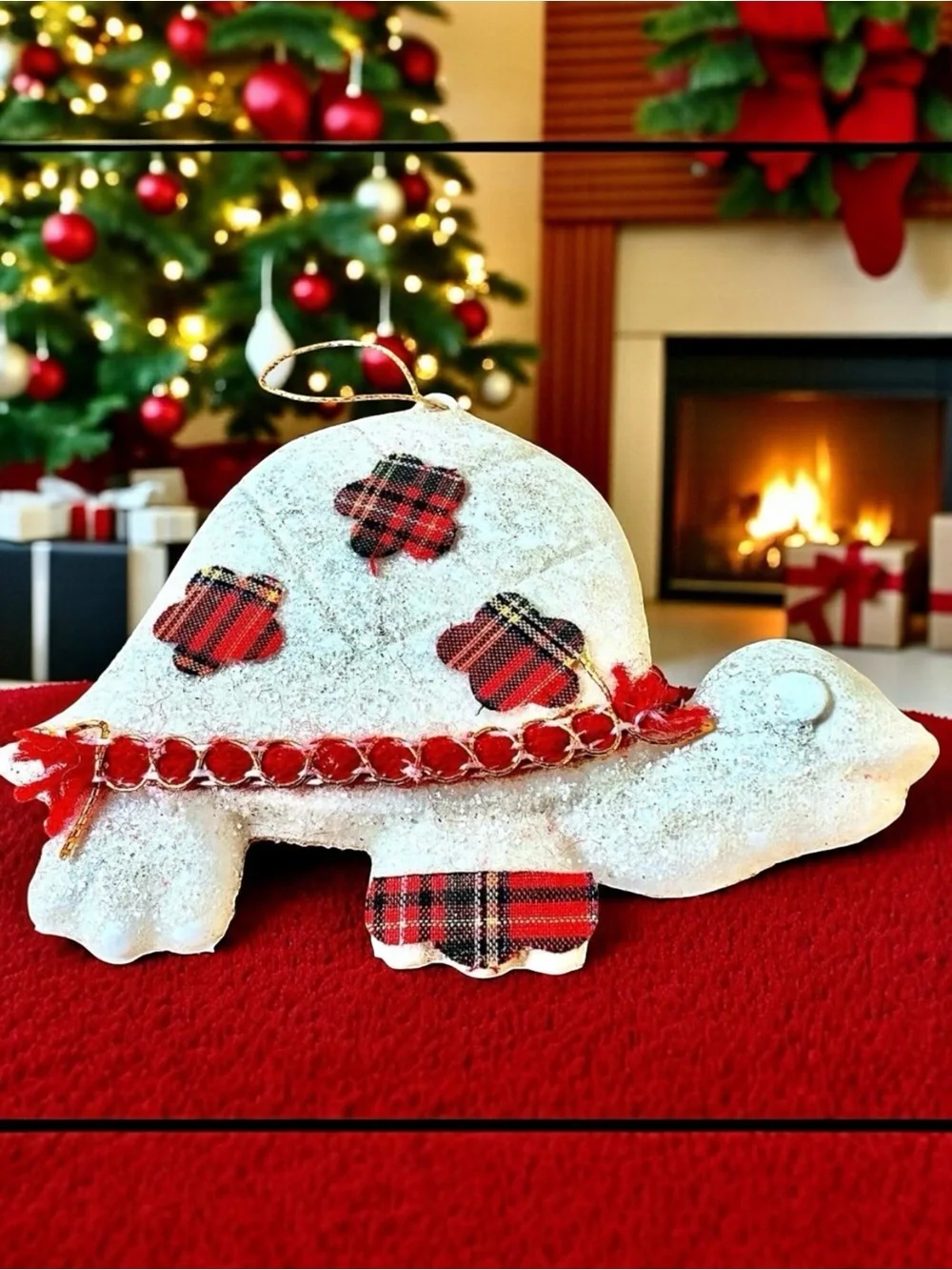 Vintage Handmade Turtle Ornament Christmas Tree Decor White Glitter